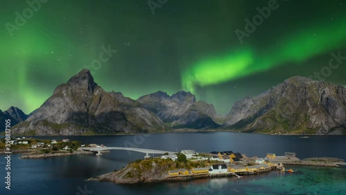 Rocky mountains and lakes with green aurora Patagonia Argentina. photo