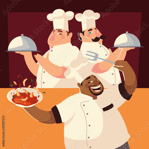 chef group with soup and platter restaurant preparing food service