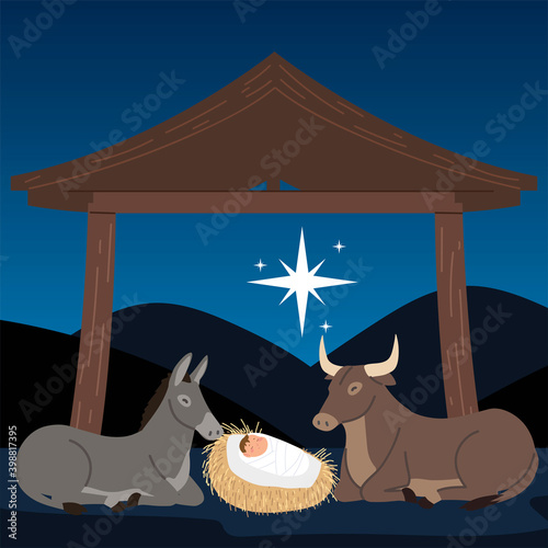 nativity manger baby jesus with donkey ox and star in the night