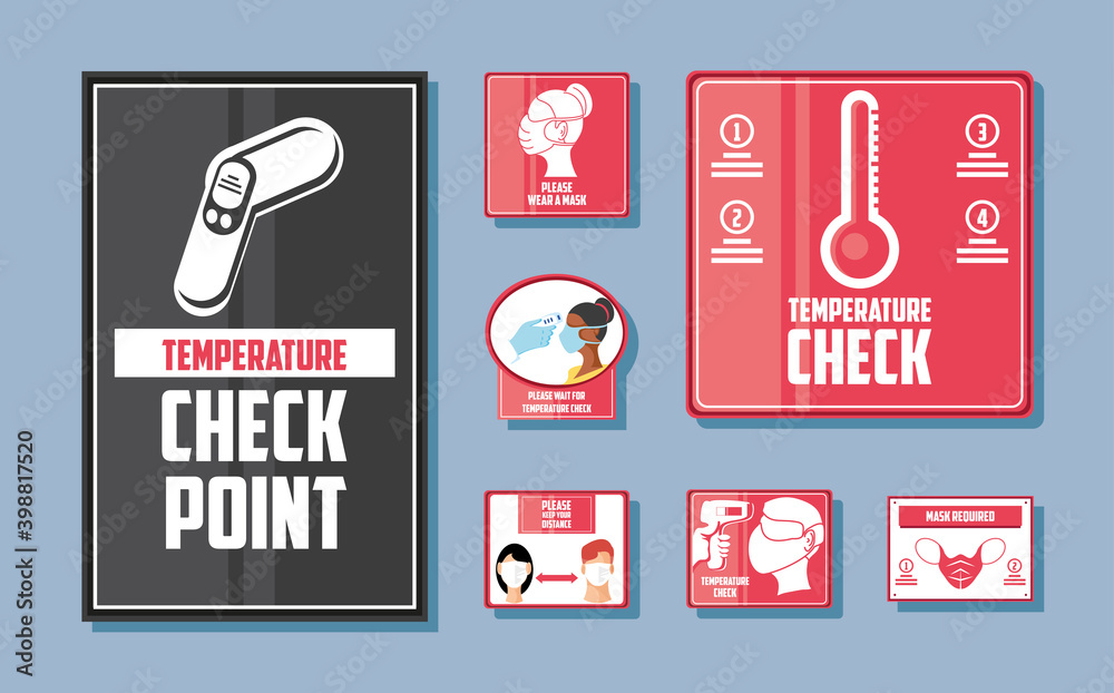 Naklejka premium prevention of covid 19, thermometer, body temperature check and more, set icons