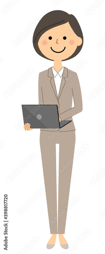 ノートPCを持つスーツの女性