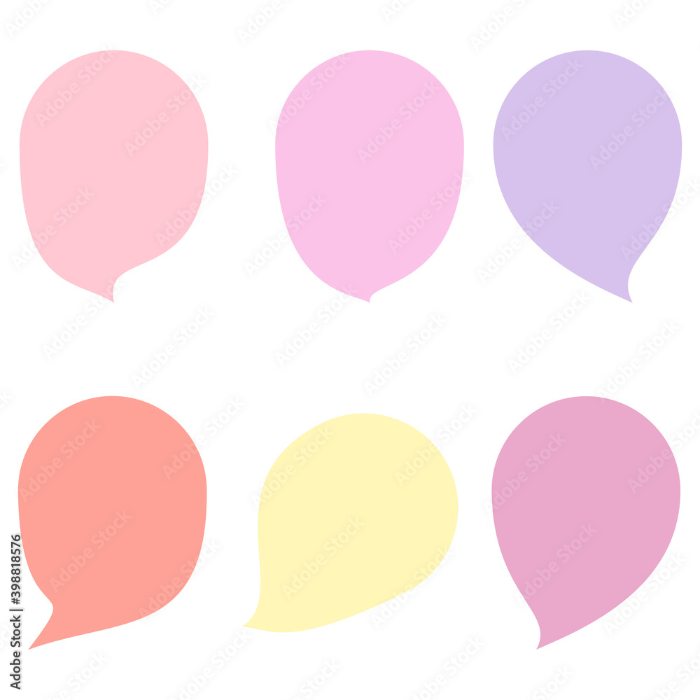 Speech bubbles set with pastel colors empty bubbles, speaking and talk, communication and dialogue vector illustrations, isolated on a light purple background.