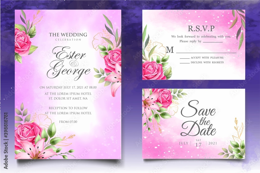 Watercolor hand drawing floral wedding invitation card