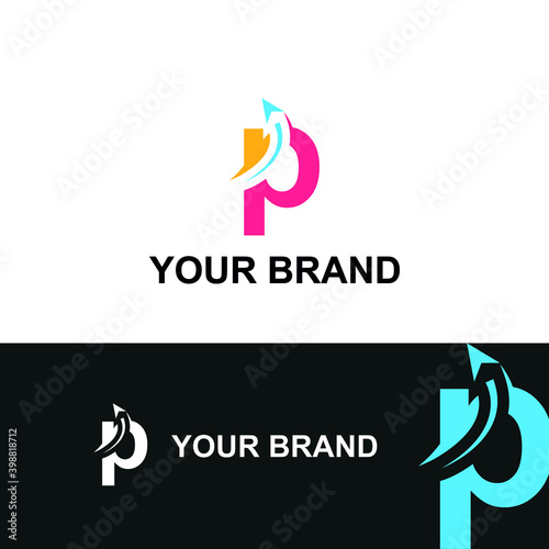 Initial p letter modern logo with arrow plane for logistic, travel, start up template brand