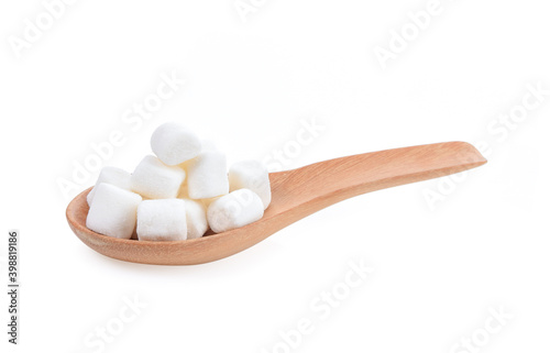 Marshmallow isolated in wood spoon on white background