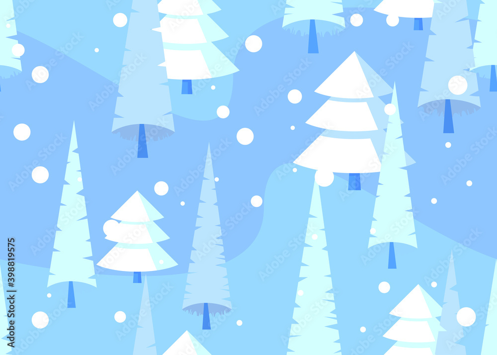 Abstract seamless pattern, winter forest background.Vector white Christmas pines. Trendy snowy landscape textures.