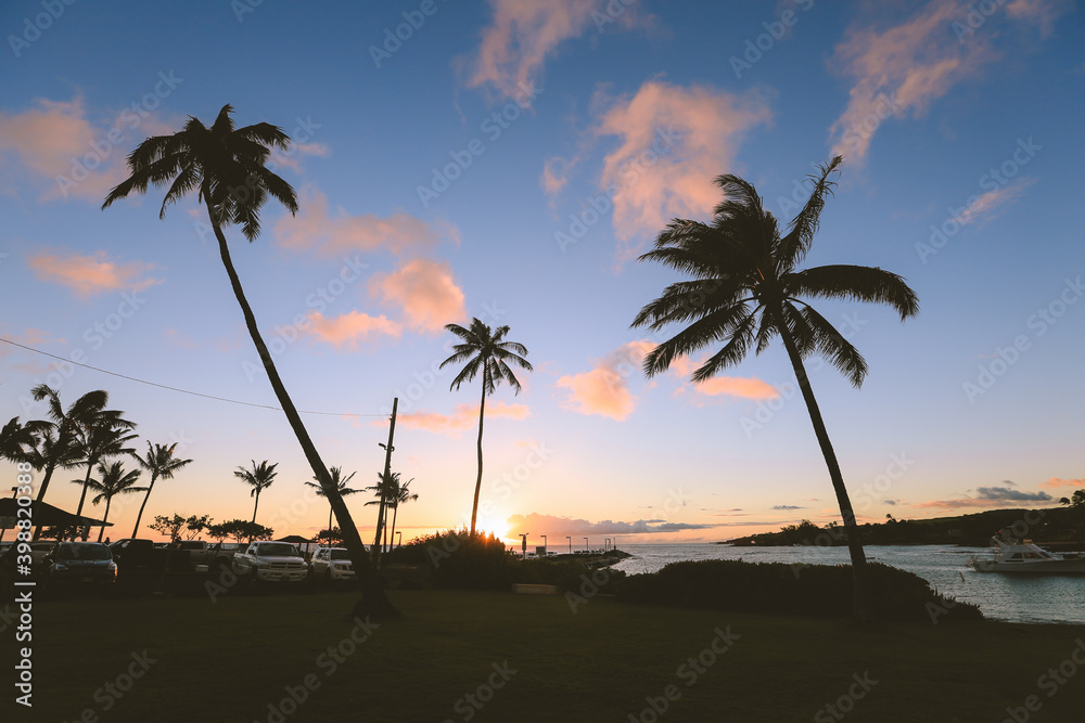 Sunset at Kukuiula Harbor Beach, Kauai island, Hawaii
