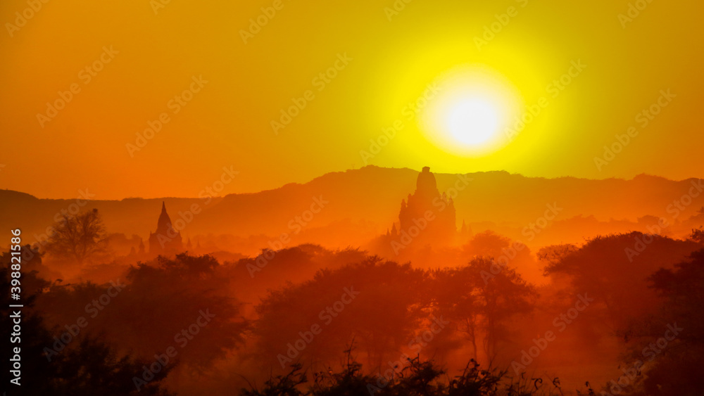 sunrise over the mountains in Bagan