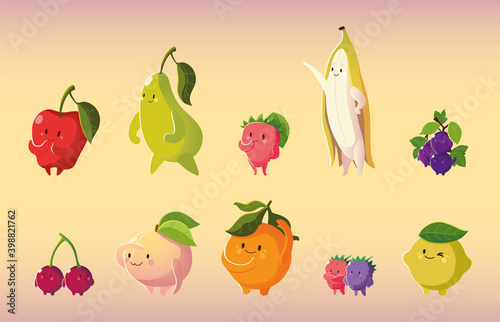 fruits kawaii funny face cartoon apple cherry lemon orange peach pear and banana