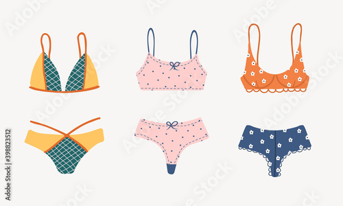 Modern female lingerie set. Trendy hand drawn underwear or swimwear. Panties, bikinis and brassieres. Vintage vector illustration in flat cartoon style.