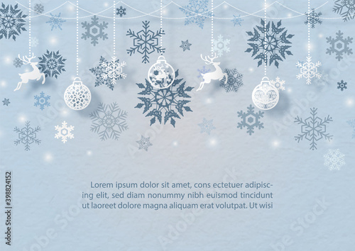 Decorated Christmas ball and objects symbol of Christmas hang on silhouette snow flakes pattern with space for texts and blue background. Christmas greeting card and poster in vector design
