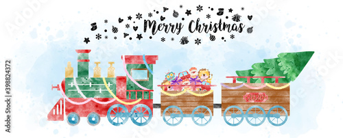 A Christmas train with load pine tree and Christmas gifts in watercolors style on light blue watercolor and white background.