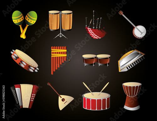 set of various musical instruments such as accordion maracas drums banjo