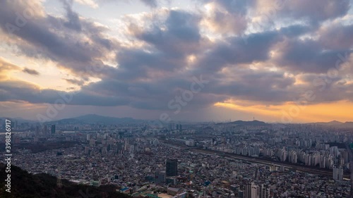 Time lapse 4k The bast sunset of Seoul city view from Yongma mountain best view  in South Korea. photo