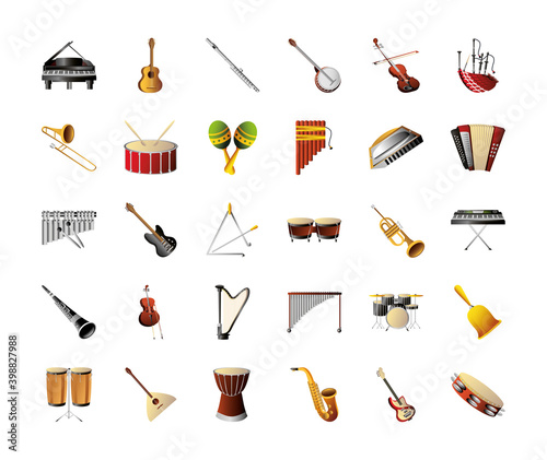 set of various musical instrument, piano banjo guitar flute drum maraca