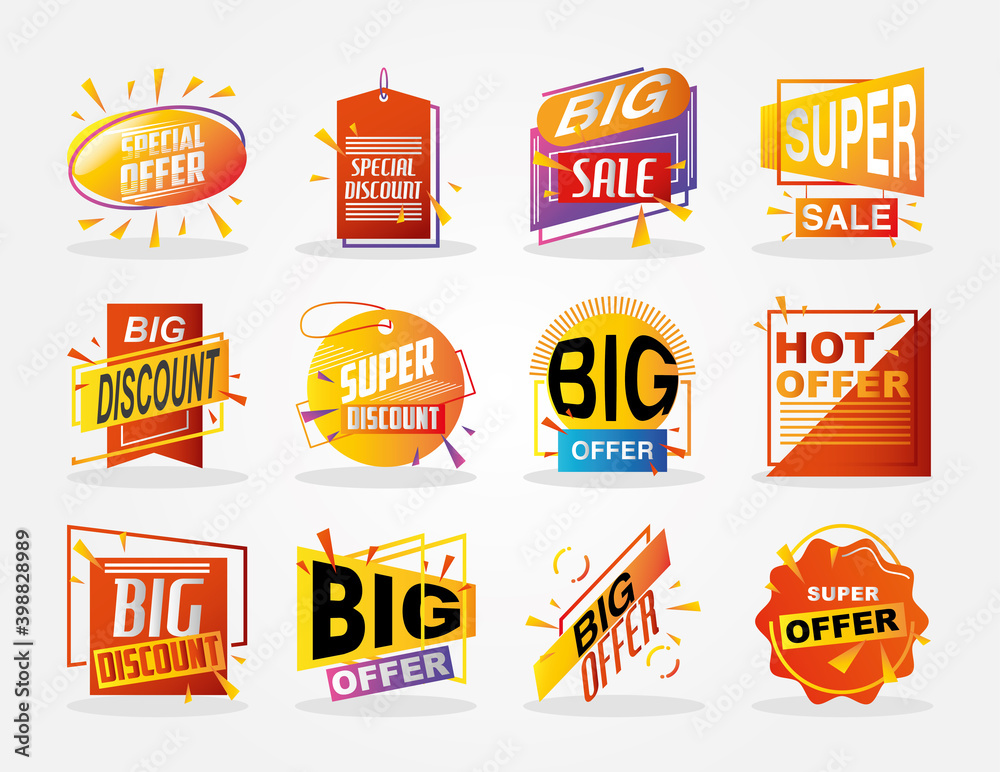 special offer season, big sale promotion discounts labels and sticker icons