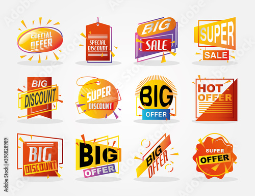 special offer season, big sale promotion discounts labels and sticker icons