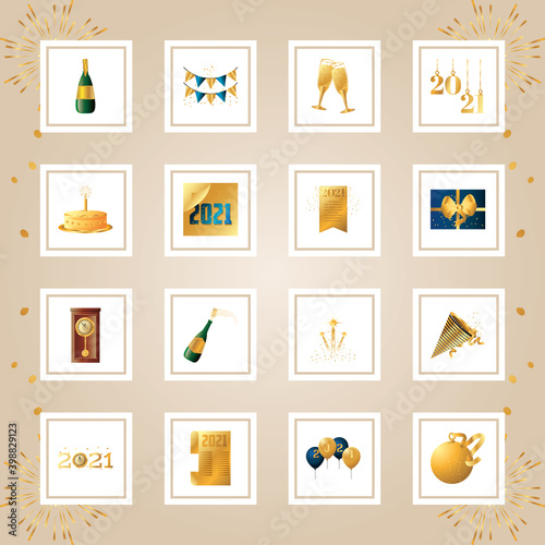 happy new year golden decoration and ornament card set