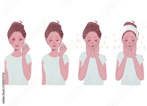 綿棒でアイメイクを落とす、顔を手で包む　女性のイラスト　セット
