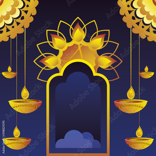 happy diwali festival, gold frame floral hanging diya lamps lights icon set