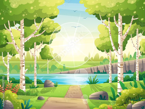 Sunny spring landscape. Vector illustration with separate layers.