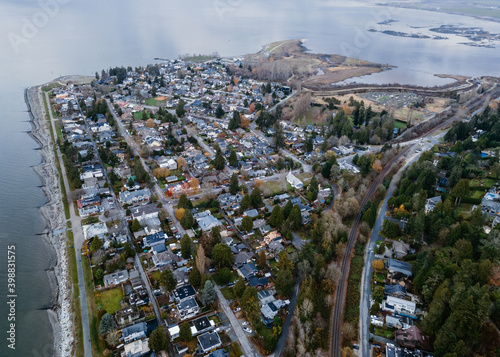 Aerial photograph of the community of Crescent Beach, British Columbia Canada on a moody fall day. 