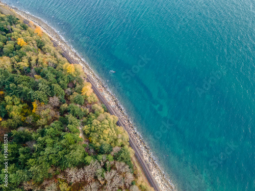 Aerial photo of the Vancouver British Columbia coast line on a moody fall day.