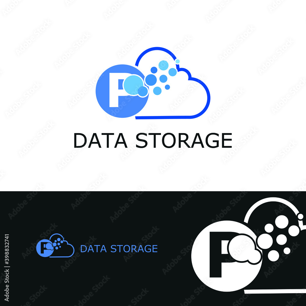 P Letter and cloud icon for data transfer, storage, big data, and technology logo concept P Letter and cloud icon for data transfer, storage, big data, and technology logo concept