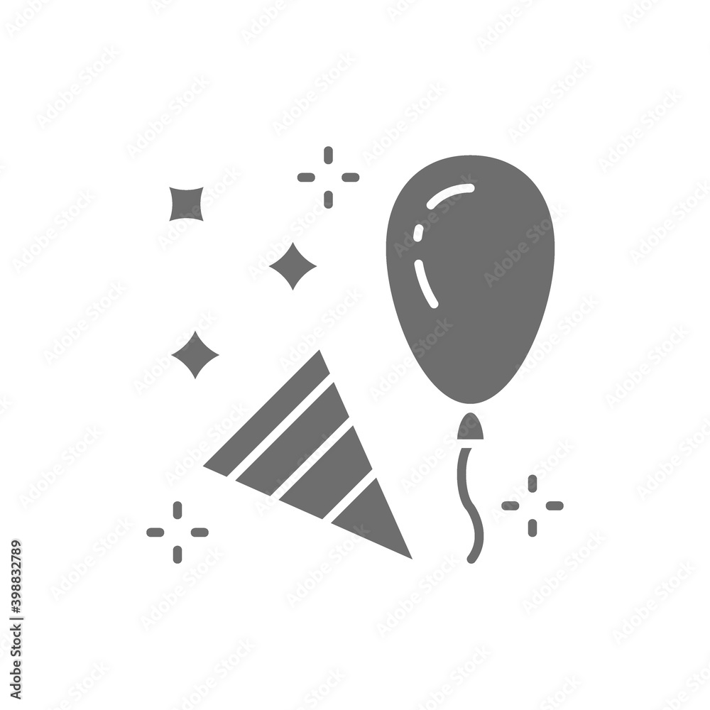 Confetti party popper with balloon grey icon.