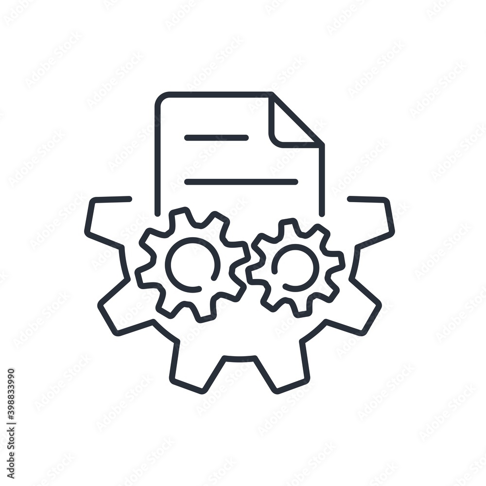 Document and gears. Optimization of the data processing process.Improvement, automation work with documents.Sorting information. Vector linear icon isolated on white background. Document and gears. Optimization of the data processing process.Improvement, automation work with documents.Sorting information. Vector linear icon isolated on white background.