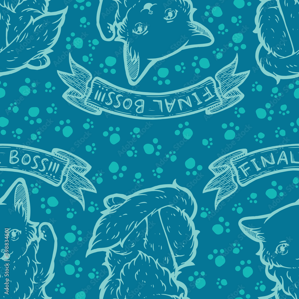 Fototapeta premium Cute Kitty Final Boss Seamless Surface Pattern Design with Quote