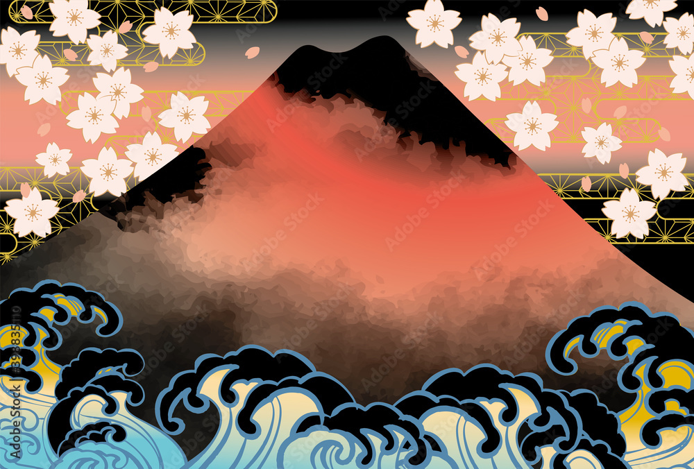 和風 桜と富士山と波の日本画風イラスト Stock Vector Adobe Stock