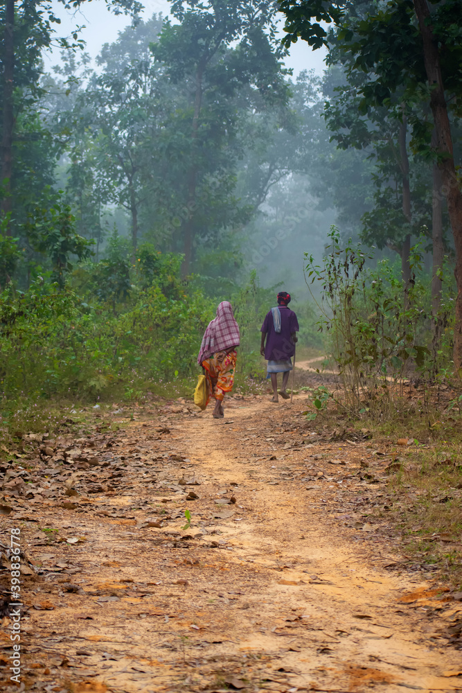 Obraz premium A tribal couple taking an early morning walk in the lush green in the forest of Jhargram.