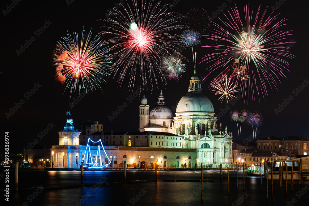 Fireworks near Santa Maria della Salute cathedral in Venice, Italy