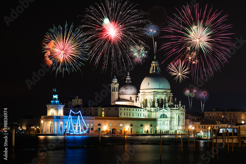 Fireworks near Santa Maria della Salute cathedral in Venice, Italy