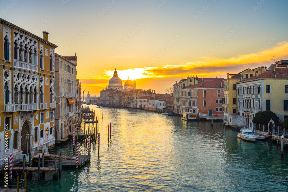 Grand Canal and Basilica Santa Maria della Salute at sunrise in Venice