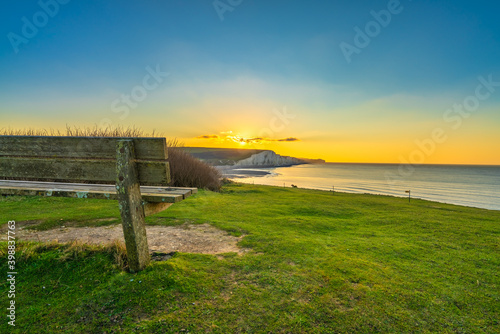 Seven Sisters white cliffs at sunrise in East Sussex. England