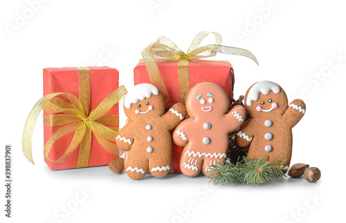 Christmas composition with gingerbread cookies and gifts on white background
