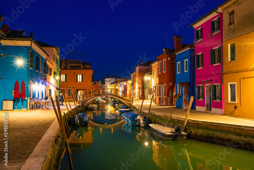 Colorful Burano island at night near Venice, Italy