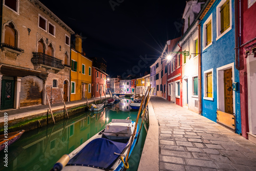 Colorful Burano island at night near Venice, Italy 