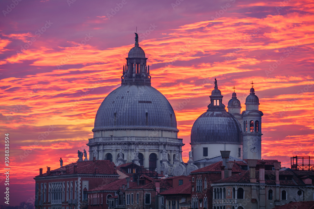 Dome of Santa Maria della Salute cathedral at sunrise in Venice, Italy