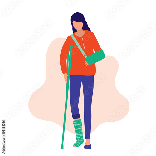 Woman Physical Injury. Medical & Accident Concept. Young woman with broken arm and leg. Vector Flat Cartoon Illustration.   