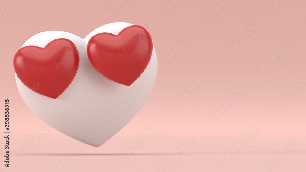 3D Rendering of Big White Heart with red heart eyes on the soft pink color background