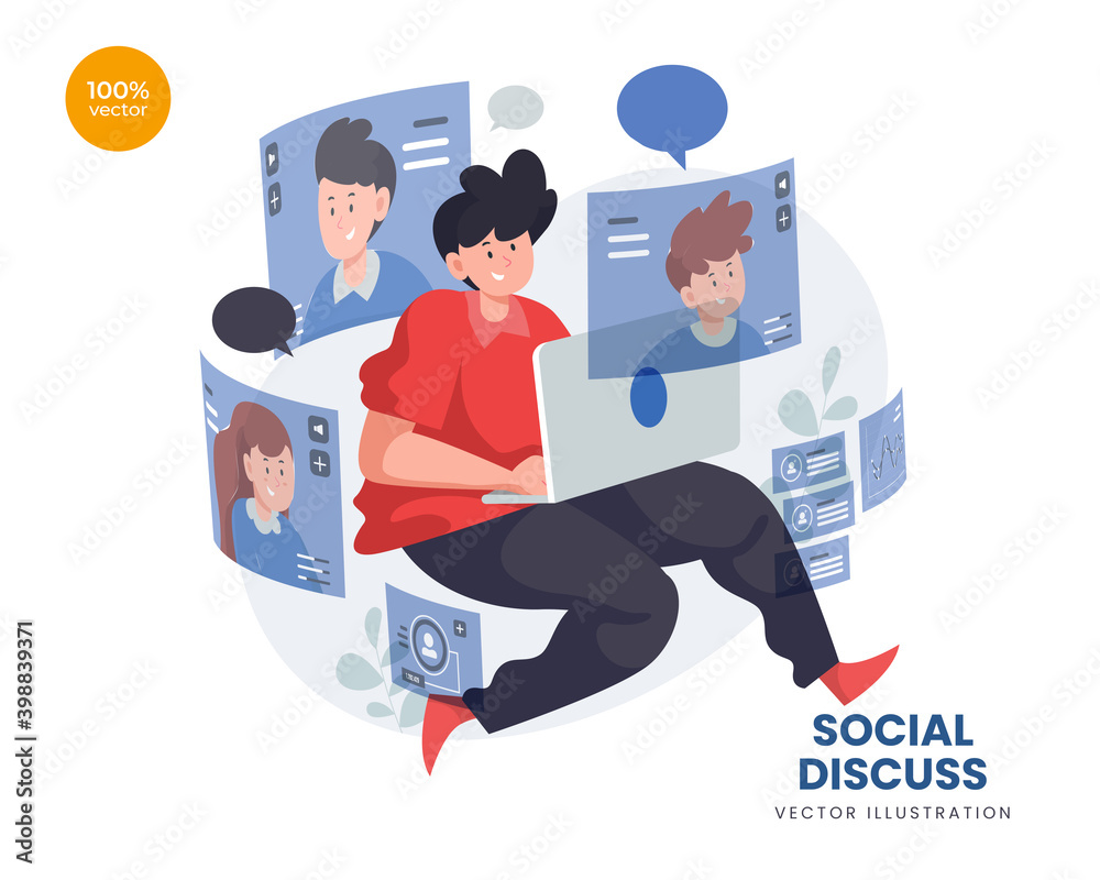 Discuss of social vector Illustration idea concept for landing page template, talking bubble persons concept. Online Expressing thoughts verbal. dialog communication abstract ide. Flat Styles