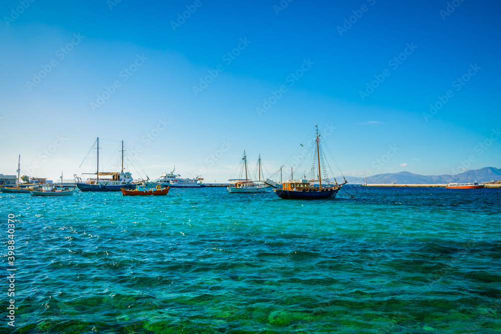 Boats at the Mykonos harbor, Cyclades, Greece