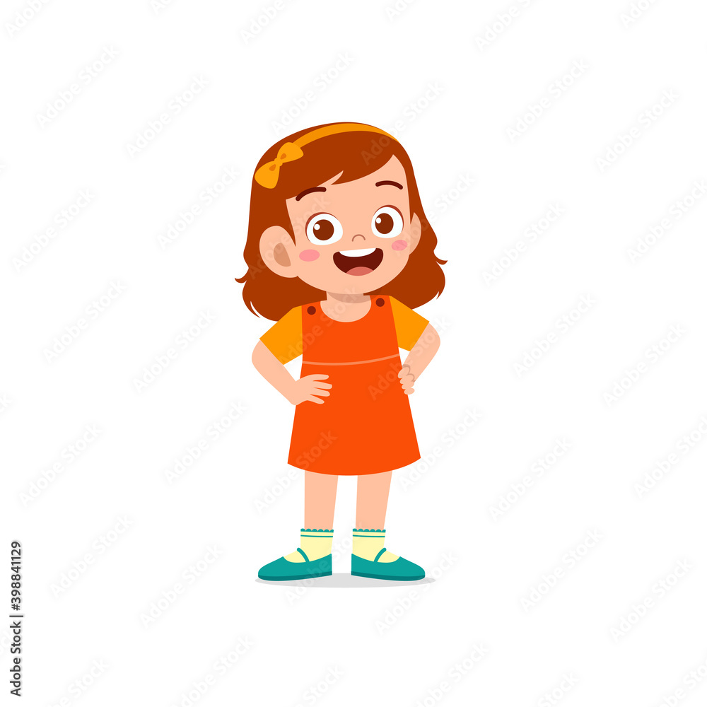 cute little kid girl stand smile with arm on hip pose expression