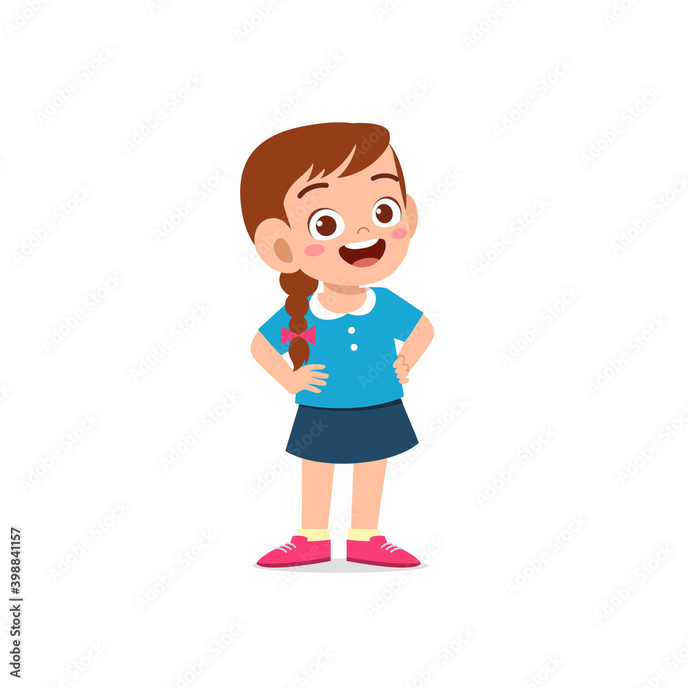 cute little kid girl stand smile with arm on hip pose expression