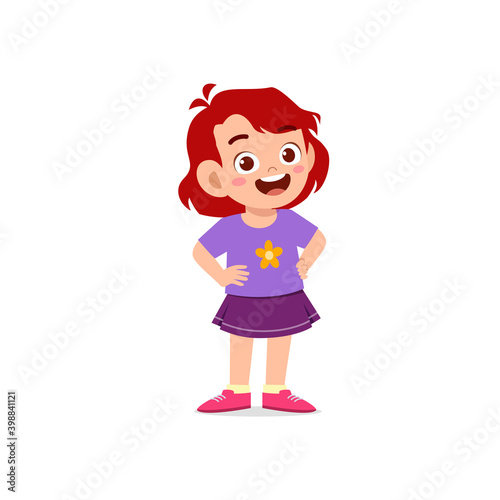cute little kid girl stand smile with arm on hip pose expression