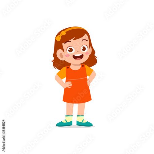 cute little kid girl stand smile with arm on hip pose expression