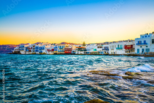 Beautiful sunrise at Little Venice on Mykonos island  Cyclades  Greece